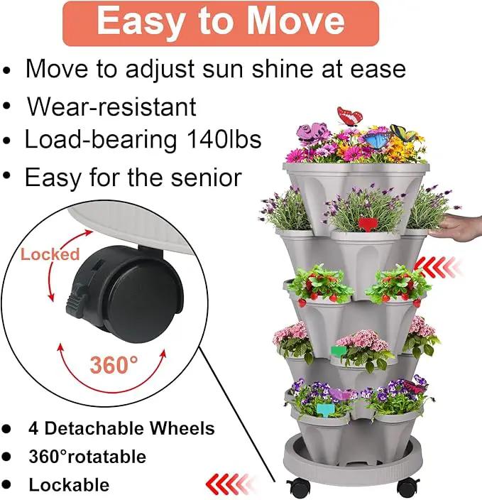 Vertical Planter, 5 Tier Stackable Strawberry Planter with Garden Tool Set, Movable Indoor/Outdoor Garden Herb Pot for Growing Vegetables and Succulents, Gray by GreenHaven Gardens
