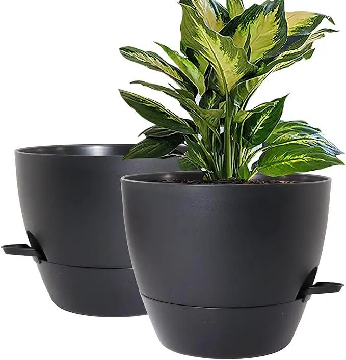 WOUSIWER 10 inch Self Watering Planters, 2 Pack Large Plastic Plant Pots with Deep Reservior and High Drainage Holes for Indoor Outdoor Plants and Flowers, Black by GreenHaven Gardens