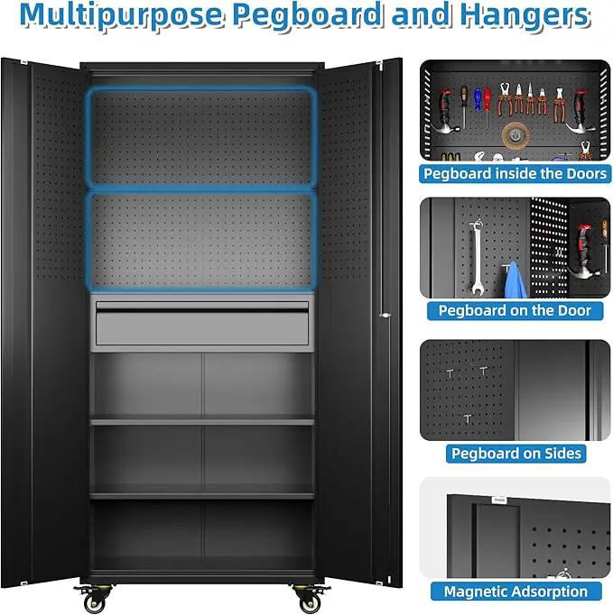 Metal Garage Cabinet with Wheels,71''H Rolling Lockable Steel Tool Cabinet with Pegboard & 1 Drawer for Garage,Home,Office Assembly Required,Black/Red by GreenHaven Gardens