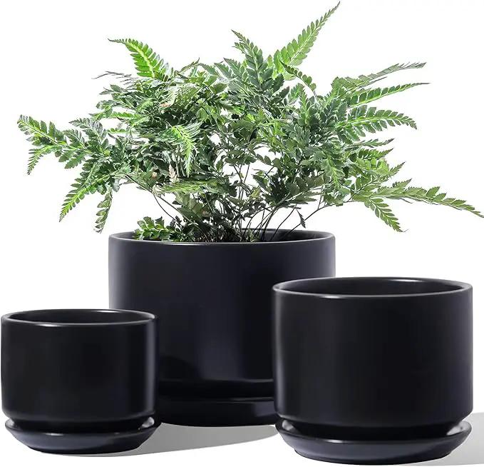 LE TAUCI Ceramic Plant Pots, 4.3+5.3+6.8 inch, Set of 3, Planters with Drainage Hole and Saucer, Indoor Flower Pot with Hole Mesh Pad, Gifts for Mom, Black by GreenHaven Gardens