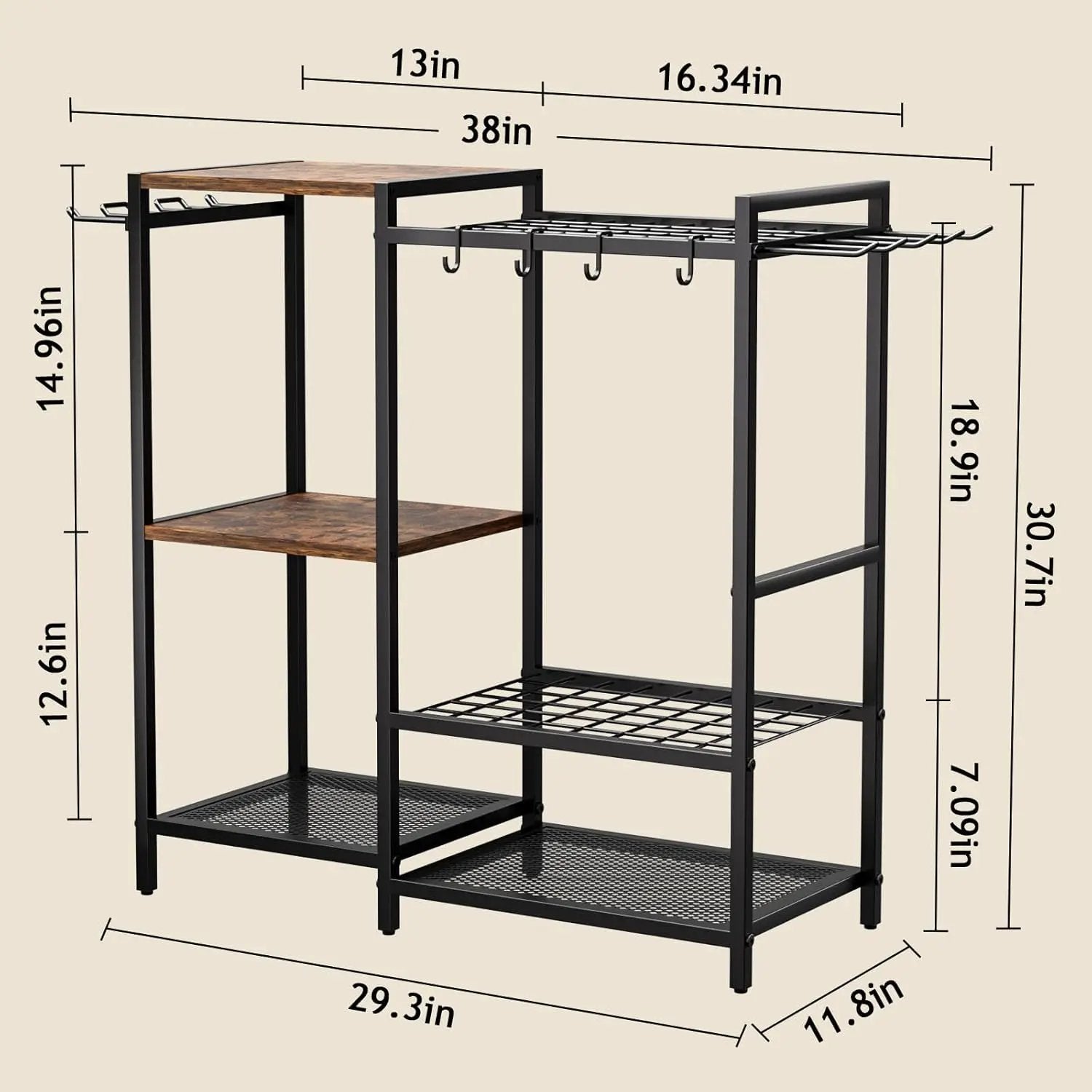 Garden Garage Tool Organizer - with 3-tier Shelves, Yard Tool Organizer for Garage with 4 Hooks, Heavy duty Steel Garden Tool Rack Holds up to 48 Long Handled Yard tools for Storage by GreenHaven Gardens