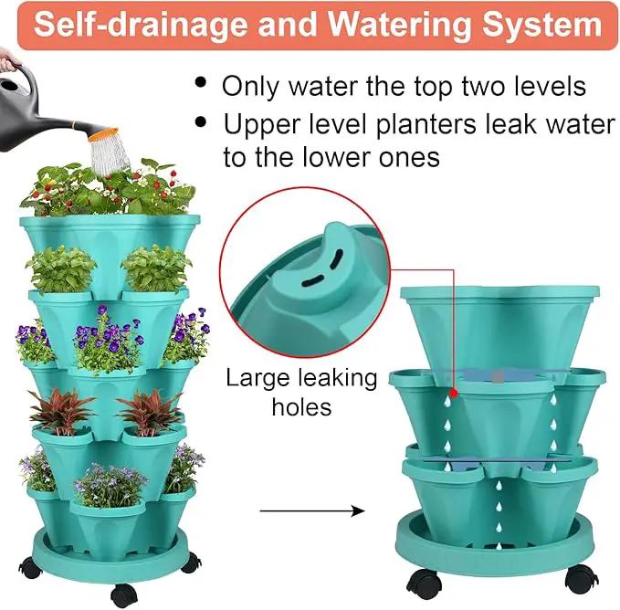 Vertical Planter 5 Tier Stackable Planters Garden Planters Strawberry Herb Flower and Vegetable Planter Indoor Outdoor Gardening Pots with Removable Wheels and Tools by GreenHaven Gardens