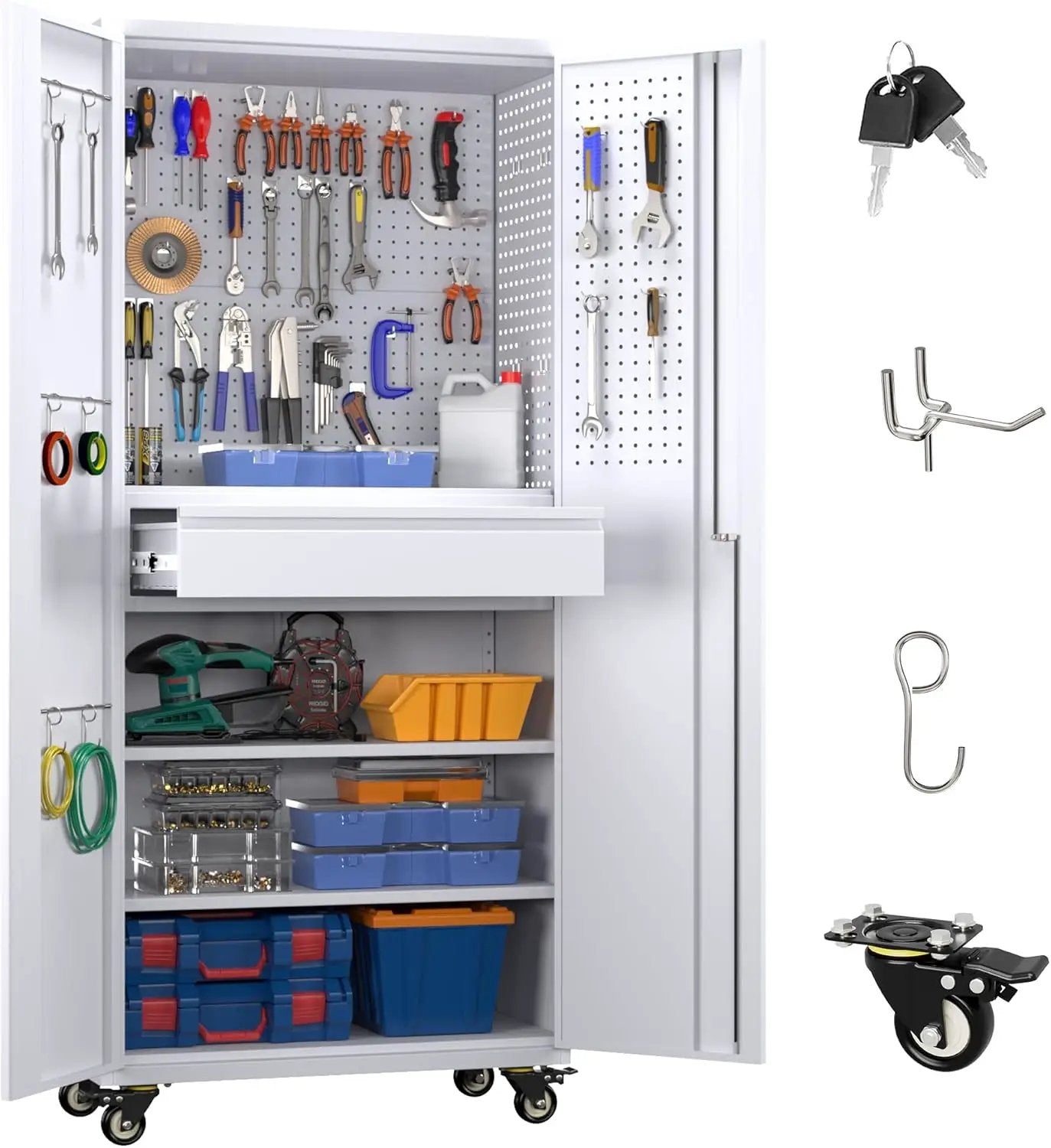 71" H Garage Storage Cabinet with Locking Doors and 2 Adjustable Shelves, Metal Tool Storage Cabinet with Wheels, Drawer, Pegboard and 16 Hooks for Garage, Warehouse, White by GreenHaven Gardens