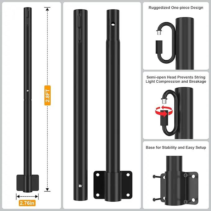 Suchtale 2 Pack 2.8 FT String Light Poles, Suspension Outdoor Fence Post Lights with Clip and Bracket, Outside String Lights Hanging, Wall Mounting Stand for Patio Garden Backyard Wedding Party, Black by GreenHaven Gardens