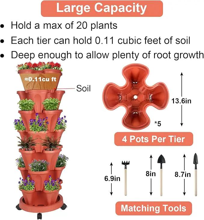 Vertical Planter 7 Tier Stackable Planters Garden Planters Strawberry Herb Flower and Vegetable Planter Indoor Outdoor Gardening Pots with Removable Wheels and Tools 2-Pack by GreenHaven Gardens