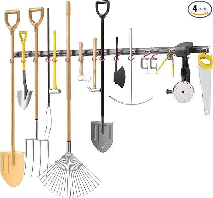 TORACK Metal Wall-Mounted Garden Tool Organizer for Garage, Mop and Broom Holder, Yard Tool Storage Rack for Rakes, Shovels, Mops, Brooms (4 Rails, 16 Hooks) by GreenHaven Gardens