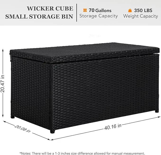Outdoor 70 Gallon Wicker Storage Box with Waterproof Liner, Patio PE Rattan Storage Container for Outside, Deck Box with Hinged Lid for Cushions, Pillows, Towels, Horizontal Bin, Black by GreenHaven Gardens