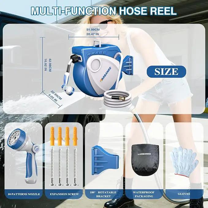 1/2 in × 100 ft Garden Hose Reel,Wall-Mounted Hose Reel with Bottom Drain,180° Rotating Bracket,with 10-Function Sprayer Nozzle,Lockable at Any Length,Equipped with Waterproof Bag(Blue) by GreenHaven Gardens