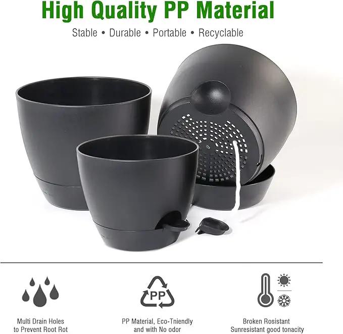 Large Self Watering Pots, 12/10/9 Plastic Planters with High Drainage Holes and Deep Reservoir for Indoor Outdoor Garden Plants and Flowers, Black by GreenHaven Gardens