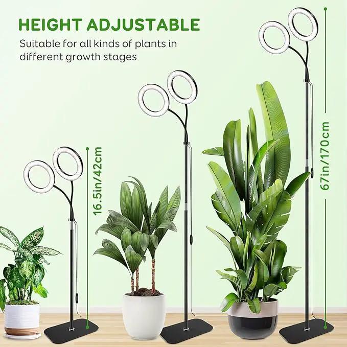 2 Head Grow Light for Indoor Plants,Full Spectrum LED Halo Plant Lights with Stand, Floor Standing Growing Lamp with Adjustable Height,Auto Timer,Dimmable Brightness for Tall Large Plant by GreenHaven Gardens
