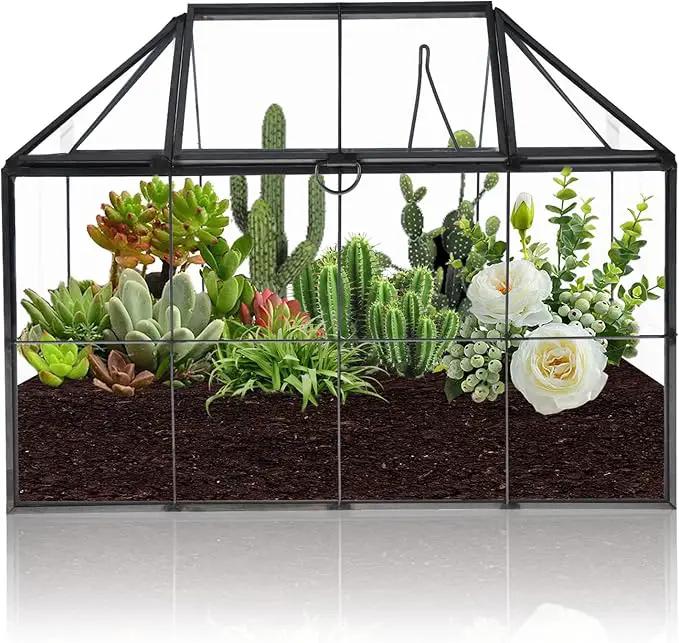 HighFree Geometric Terrarium Planter with Swing Lid, House Shape Black Handmade Glass Box, Vintage Tabletop Miniature Terrarium, for Succulent, Cacti, Air Plants (Not Watertight - 9.2x5.5x7.3 inch) by GreenHaven Gardens