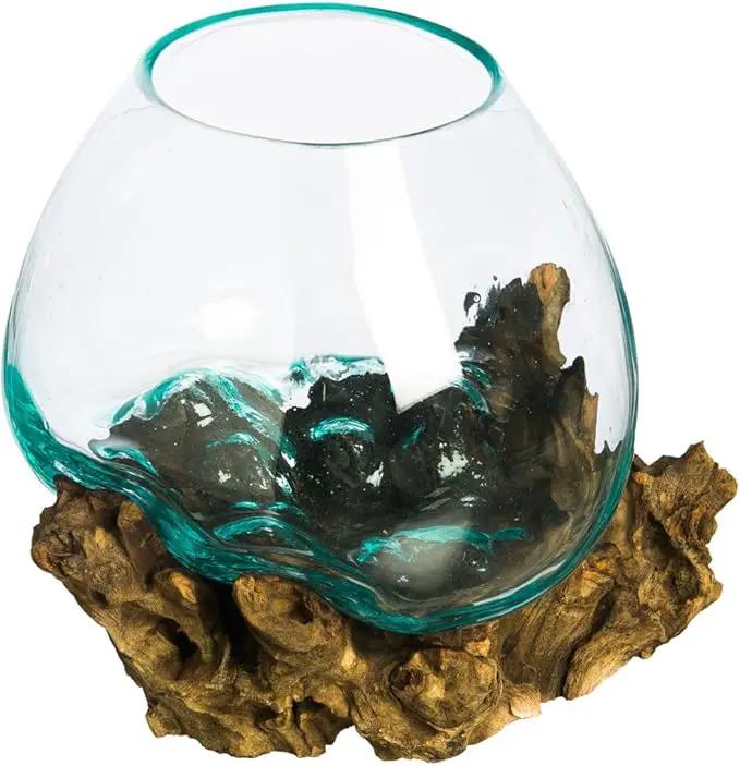 Cape Craftsmen 10" H Hand-Blown Blue Tinted Bubble Glass On Natural Teak Driftwood Terrarium | Home Décor Indoor Planter with Stand | Pot for Succulent and Plants by GreenHaven Gardens