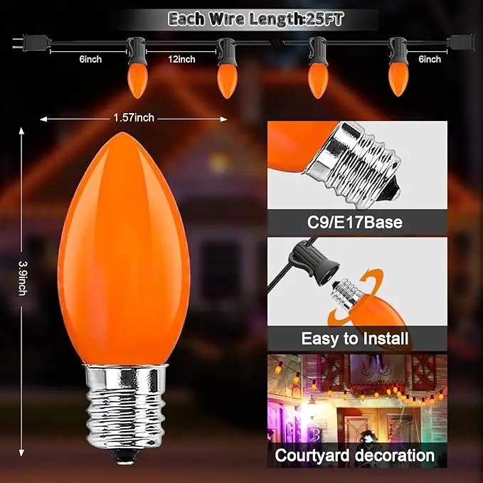 25FT LED Halloween Outdoor String Lights with 26 C9 Candle Shape Shatterproof Plastic Bulbs,2700K Waterproof Connectable Orange LED String Lights for Home Garden Halloween Christmas Fall Decor by GreenHaven Gardens