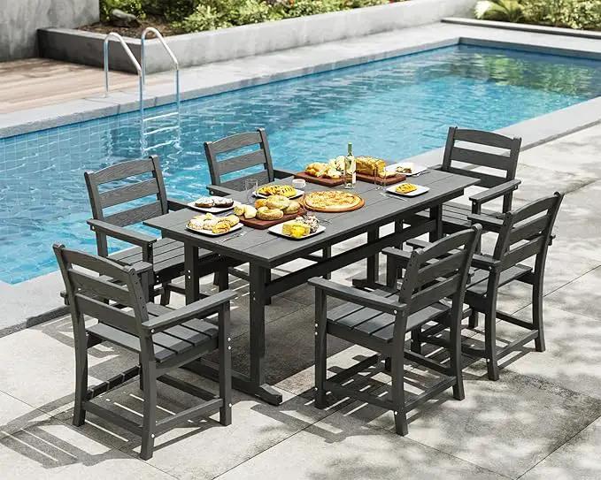 7pcs Outdoor Dining Set, HDPE Patio Dining Set for 6, All-Weather Outdoor Table and Chairs with Umbrella Hole & Adjustable Pads, Modern Patio Furniture Set for Backyard, Poolside &Lawn (Grey) by GreenHaven Gardens