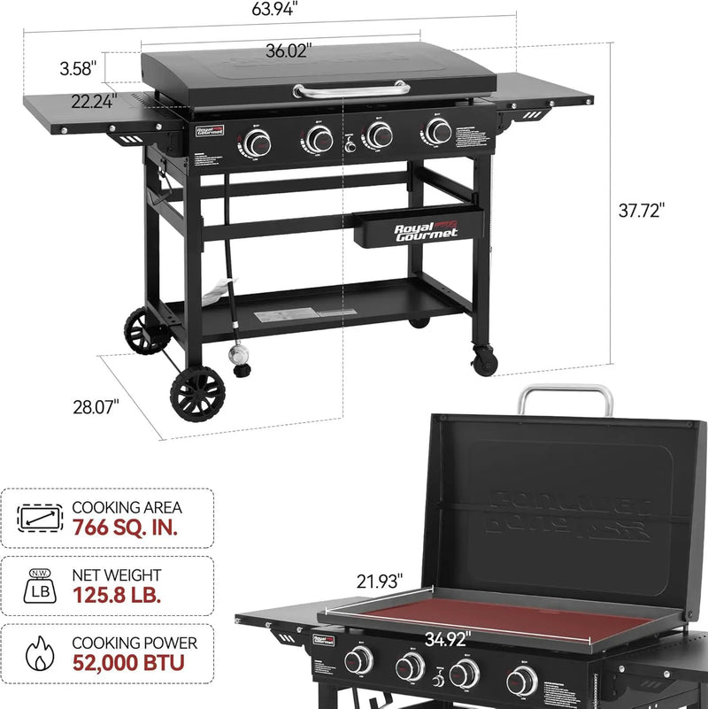 Royal Gourmet GB4000P 4 Burner Propane Gas Griddle with Hard Cover and Foldable Side Tables, 35-Inch Flat Top Grill with 766 Sq. In. Cooking Area for Backyard and Tailgating, Black by GreenHaven Gardens