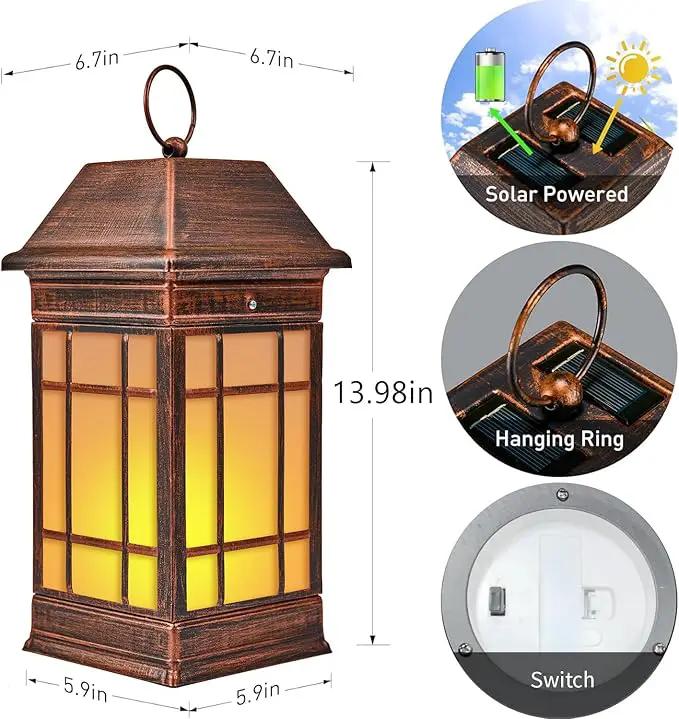 14" Solar Lantern Outdoor Waterproof, Glass Flickering Flame Solar Lanterns, Hanging Metal Lantern Decorative for Patio Front Porch Garden Backyard Tabletop Party Decoration by GreenHaven Gardens