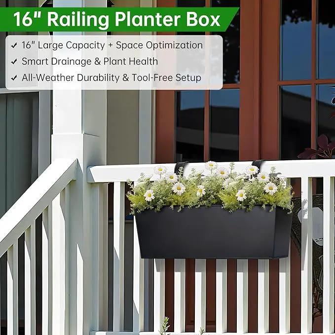 OGIMA 16-Inch Railing Planter Box, 3 Pack Large Hanging Planters for Outdoor Plants with Adjustable Wide Hooks for 2.7'' Railings - Balcony Planters Railing Hanging for Deck, Fence & Patio Decor by GreenHaven Gardens