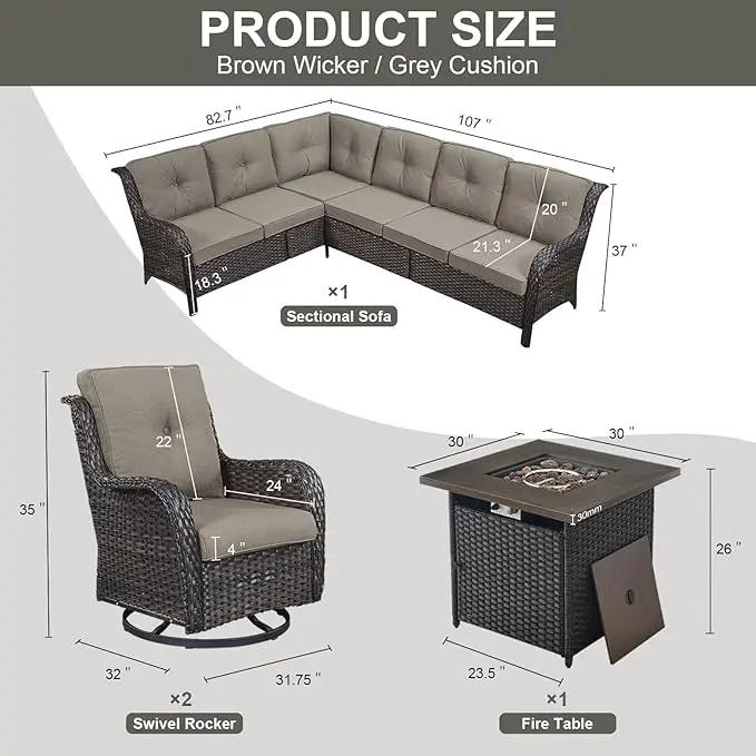 Outdoor Sectional Sofa Furniture Set with Propane Fire Pit Table, Wicker Patio Conversation Set with 2 Swivel Glider Rocker Chairs Grey Cushion Perfect for Backyard Casual Gathering by GreenHaven Gardens