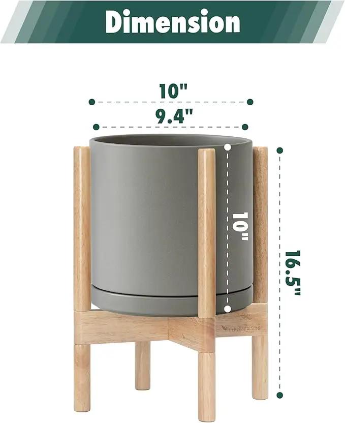D'vine Dev Ceramic Planter with Natural Stand - 10 Inch Modern Round Flower Pot with Wood Planter Holder, Grey, 55-B-K-3 by GreenHaven Gardens
