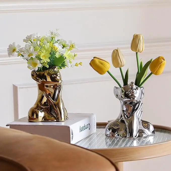 BrownLove Silver Ceramic Face Vase, Modern Silver Decorative Art Vase, Bookshelf Placed On The Desktop, Small Living Room, Office and Bedroom by GreenHaven Gardens