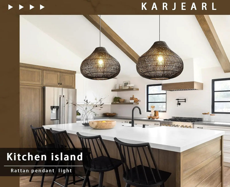 Karjear Black Rattan Chandelier, 16.5 inch Large Wicker Pendant Lights Fixture Hand-Woven Basket Hanging Light for Dining Room Kitchen Island Living Room by GreenHaven Gardens