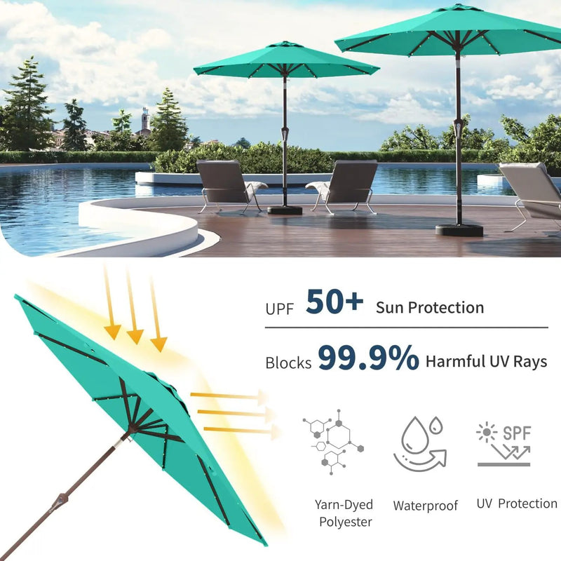 10FT Solar Umbrella 32 LED Lighted Patio Umbrella Table Market Umbrella w/Tilt and Crank, UV-Resistant Outdoor Umbrella for Pool, Garden, Deck, Turquoise Blue by GreenHaven Gardens