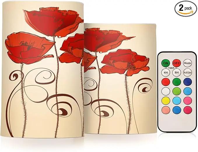 Flickering Flameless Candles, Red Poppy Flowers Retro LED Candles with Remote Timer, Set of 2 Battery Operated Candle for Valentine Wedding Birthday by GreenHaven Gardens