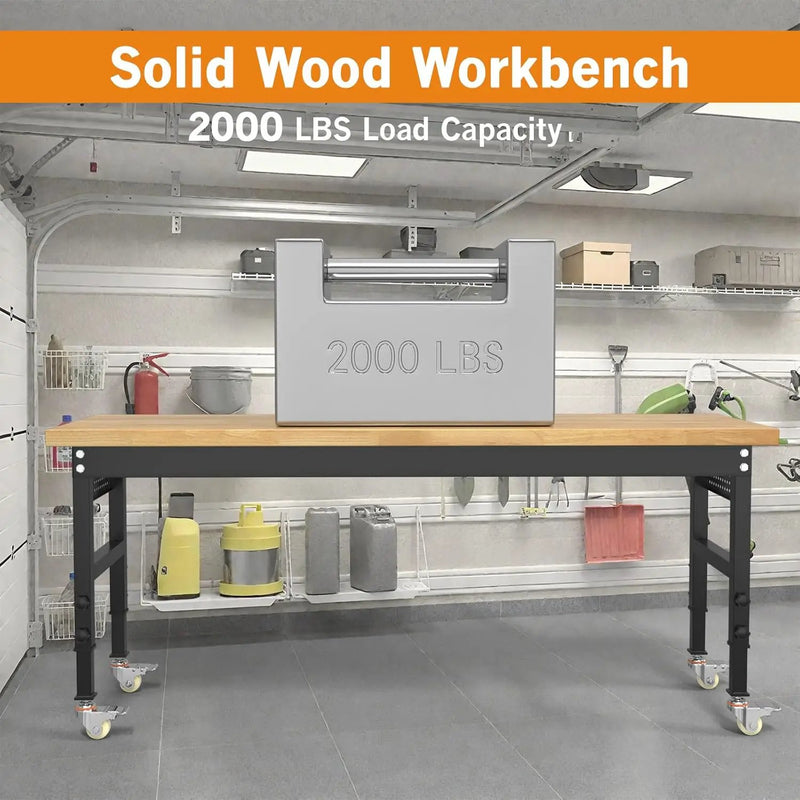 70" Heavy Duty Solid Wood Work Bench with Pegboard, Adjustable Height Workbench with Wheels and Power Outlets, 2000 LBS Capacity Work Table for Garage, Workshop, Office, Home by GreenHaven Gardens