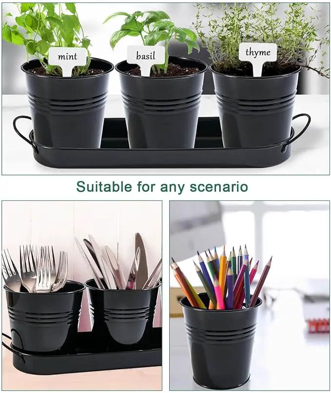 vensovo Indoor Herb Planter Set - Galvanized Windowsill Garden Pots with Tray & Drainage, Set of 3 Metal Window Planters for Kitchen & Outdoor Use, Black by GreenHaven Gardens
