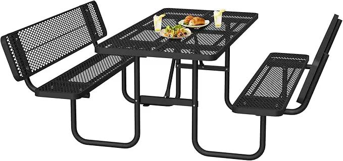 79'' Steel Rectangular Picnic Table for Outdoors, with backrest, Expanded, Lifetime Picnic Table with Umbrella Hole, Heavy Duty Sturdy Commercial Picnic Tables for Garden Courtyard BBQ, Black by GreenHaven Gardens