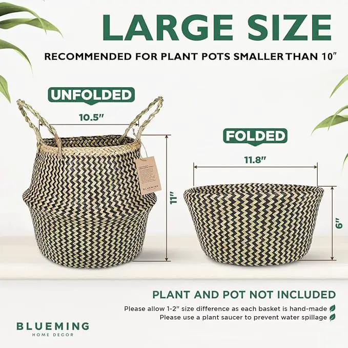 Plant Baskets – Large Seagrass Pot for Tall Indoor Faux Olive Tree, Woven Wicker Rattan Planter for Boho Basket 9-10 Inch (Black, Large) by GreenHaven Gardens