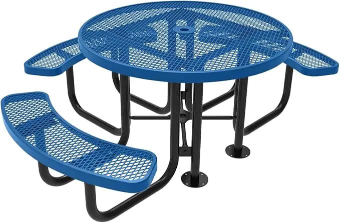 Heavy-Duty Portable Outdoor Picnic Table with Umbrella Hole, Expanded Metal Patio Dining Furniture Made in America (46" Round Top, Textured Light Blue) by GreenHaven Gardens