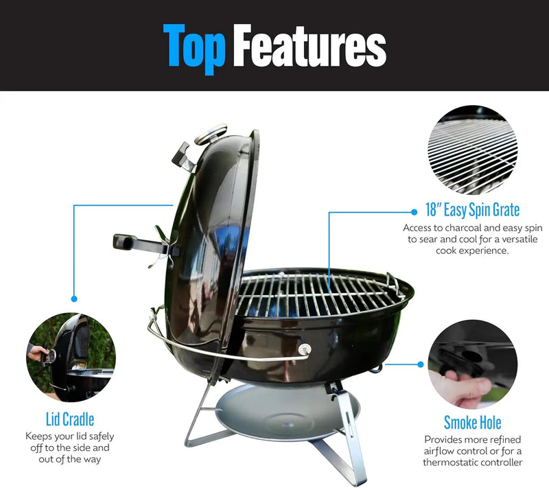 SnS Grills Slow ‘N Sear Travel Kettle, 2-Zone Cook Charcoal Basket and Easy Spin 18” Grate - Portable Charcoal Grill for BBQ Cooking - Travel Kettle 18” by GreenHaven Gardens
