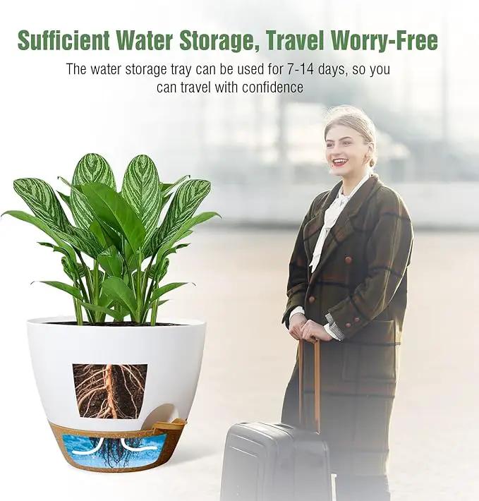WOUSIWER 10 inch Self Watering Planters, 2 Pack Large Plastic Plant Pots with Deep Reservior and High Drainage Holes for Indoor Outdoor Plants and Flowers, White with Terracotta by GreenHaven Gardens