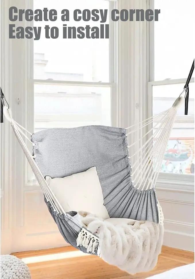 Chihee Hammock Chair Hanging Swing 2 Pillows Included,Strong Webbing Straps and Hooks for Easy Hanging Soft Cotton Hanging Chair Side Pocket Tassel Chair Comfort Indoor Outdoor Light Grey by GreenHaven Gardens