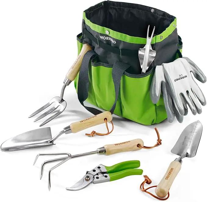 WORKPRO Garden Tools Set, 8 Piece, Stainless Steel Heavy Duty Gardening Tools with Wooden Handle, Including Garden Tote, Gloves, Trowel, Hand Weeder, Cultivator and More-Gardening Gifts For Women Men by GreenHaven Gardens