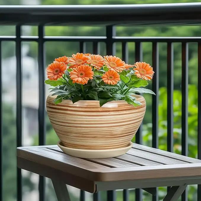 Ceramic Pot for Plants 11 Inch - Planter for Outdoor Plants Indoor Plant Pot with Drainage Hole and Saucer Large Planter Round Flower Pot for House Patio Garden Yellow by GreenHaven Gardens