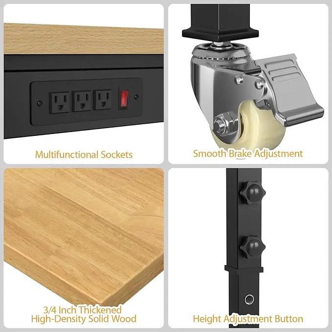 60" Adjustable Workbench,Heavy-Duty Work Table,3000 LBS Load Capacity Hardwood Workstation Outlets with Power Strips, Drawers and Wheels,for Workshop, Garage by GreenHaven Gardens