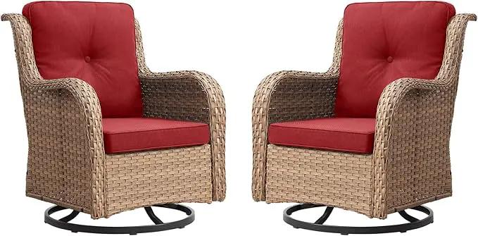 Outdoor Patio Swivel Rocker Chairs - Wicker Rattan Patio Swivel Rocking Chairs Set of 2 with High Back,Deep Seating and Comfort Cushions for Deck Porch Garden,Yellow/Red by GreenHaven Gardens