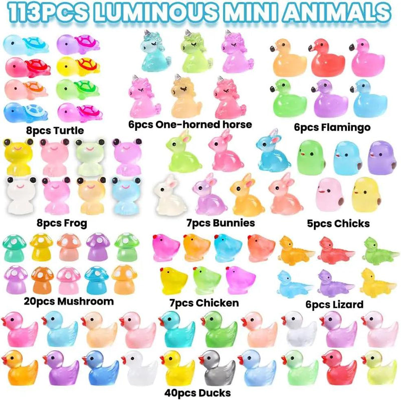 113pcs Luminous Mini Resin Animals, Glow in The Dark Miniature Resin Animal Figures Tiny Small Little Ducks Turtle Bulk for Dollhouse Micro Landscape Aquarium Fairy Garden DIY Decorations by GreenHaven Gardens