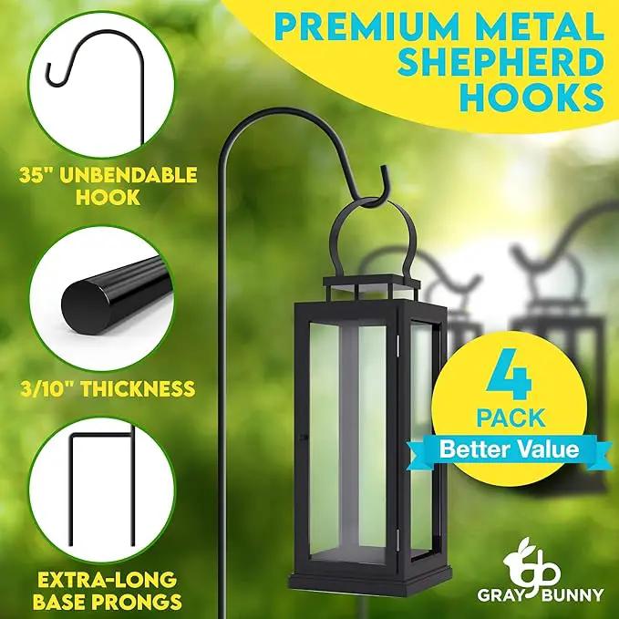 Gray Bunny 35" Shepherds Hooks for Outdoor 4 Pack, Thick Bird Feeder Pole, Hanging Plant Stand, Shepherds Hook for Bird Feeder, Non-Hollow, Non-Adjustable, Extra Long Base Prongs by GreenHaven Gardens