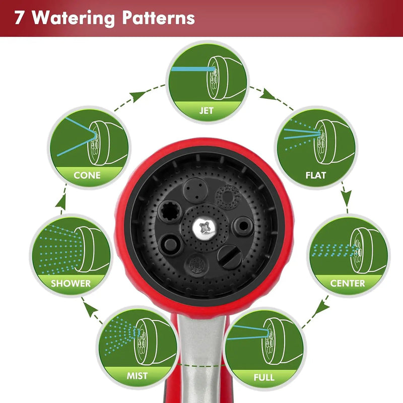 RESTMO Garden Hose Nozzle, Heavy Duty Metal Water Hose Nozzle with 7 Adjustable Spray Patterns, High Pressure Hand Sprayer with Flow Control, Best for Watering Plants & Lawns, Washing Cars & Pets, Red