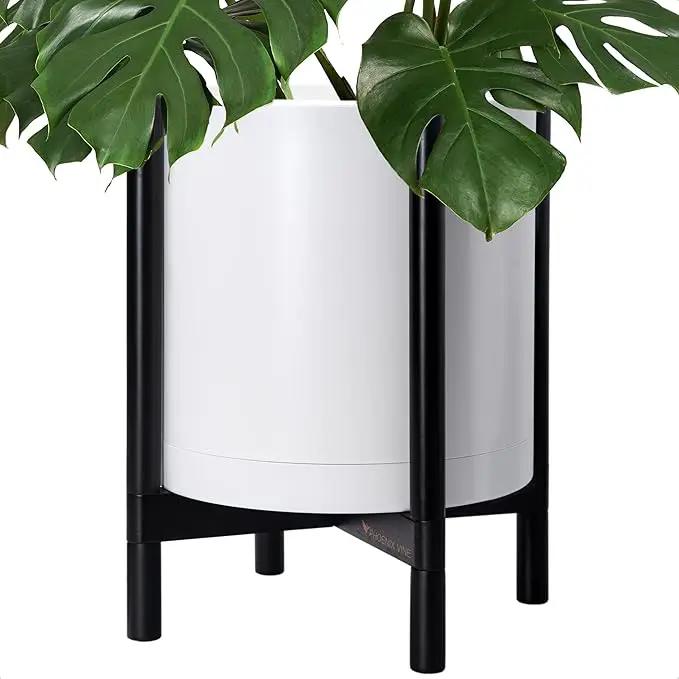 D'vine Dev Planter Pot with Stand - 16 Inch Plastic Cylinder Flower Pot with Wood Planter Holder for Indoor, Matte White Pot + Ebony Stand, 55-C-Z-1 by GreenHaven Gardens