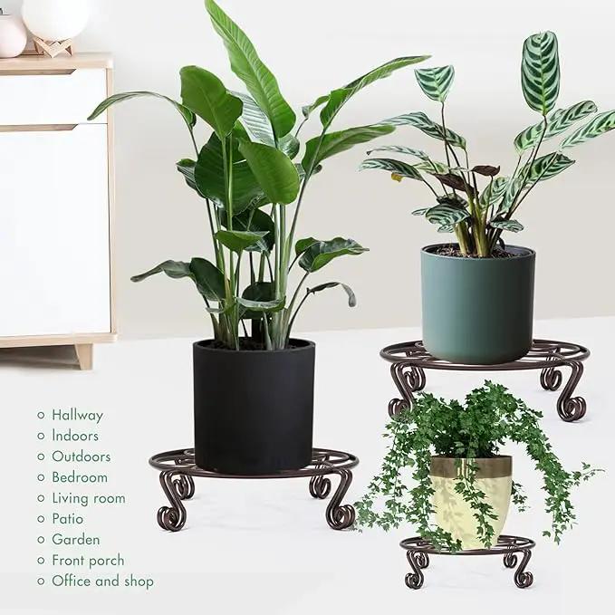 Yimobra 4 Pack Plant Stand for Flower Pot Heavy Duty Potted Holder Indoor Outdoor Metal Rustproof Iron Garden Container Round Supports Rack for Planter (4PC Brown 9.4 x 2 IN) by GreenHaven Gardens