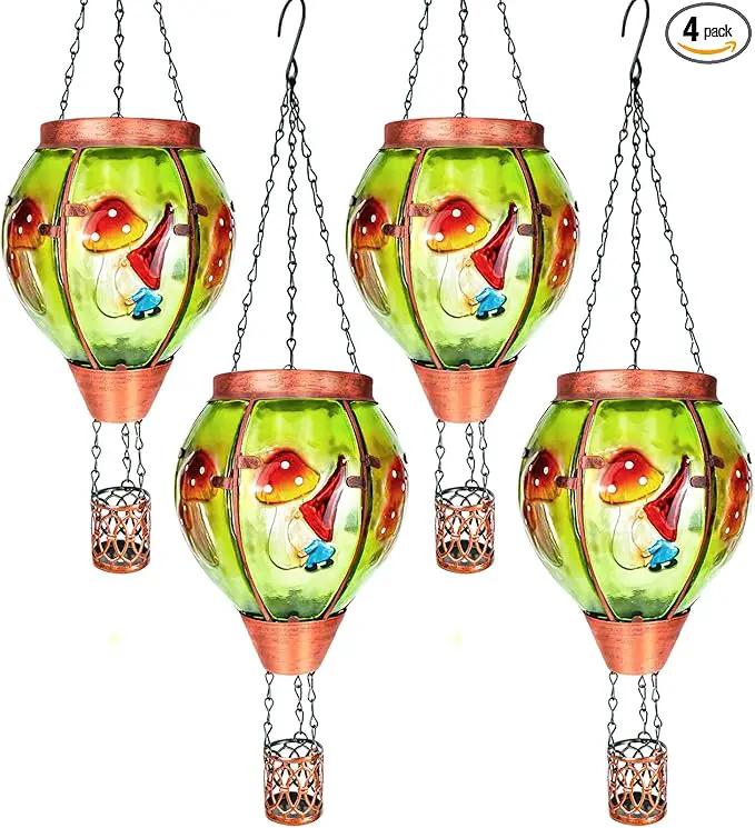 4 Pack Solar Hot Air Balloon Lantern with Flame， Mushroom Gnome Glass Solar Hanging Lanterns Outdoor for Outside Garden Patio Tree Porch Yard, Mushroom Gifts for Women Grandma Mom - Mushroom by GreenHaven Gardens