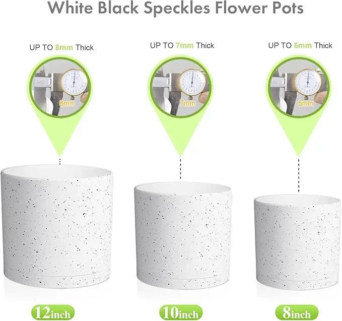 12/10/8 inch Large Plant Pots, 3 Pack Cylinder Deep Flower Pots for Outdoor Indoor Plants, Tall Plastic Planters with Drainage Holes and Saucers for Garden House Plants, Speckled White by GreenHaven Gardens