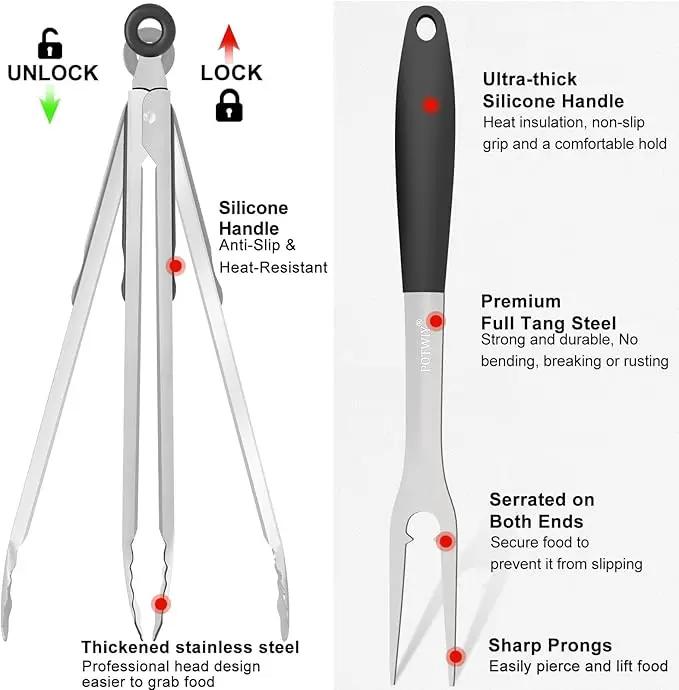 BBQ Grilling Accessories, 3Pcs Stainless Steel Grill Tools Accessories Set with Spatula, Fork and Tongs, Barbecue Utensils Grilling Tools for Outdoor Camping, Heat-Resistant Silicone Handle by GreenHaven Gardens