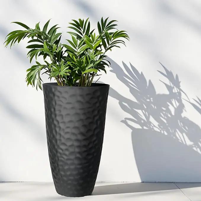 Worth Garden 24" H Tall Hammered Texture Planters Set of 2 - Matte Black Plastic Flower Pot with Drainage Holes, Modern Outdoor Indoor Lightweight Pots for Large Plants, Durable Decor Containers by GreenHaven Gardens