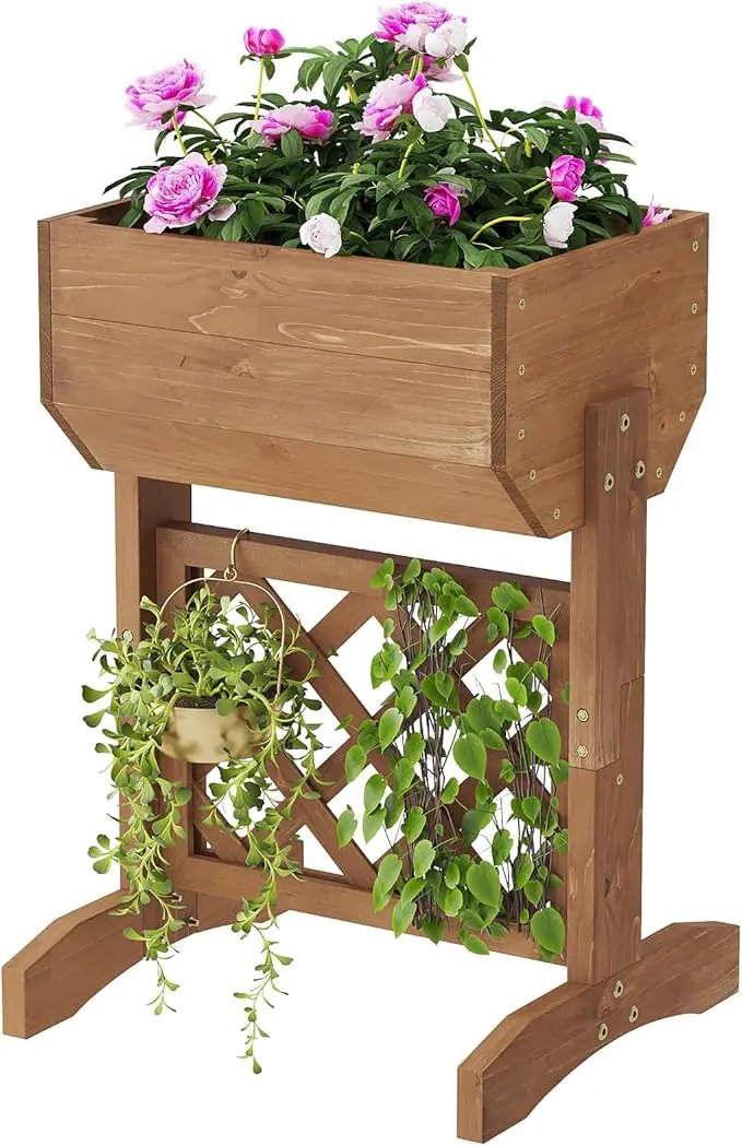 Raised Garden Bed, Standing Vertical Horticulture Planter Box for Backyard, Patio, Balcony, Planter for Flowers Herbs Vegetables for Indoor & Outdoo Decor with Trellis (Brown) by GreenHaven Gardens
