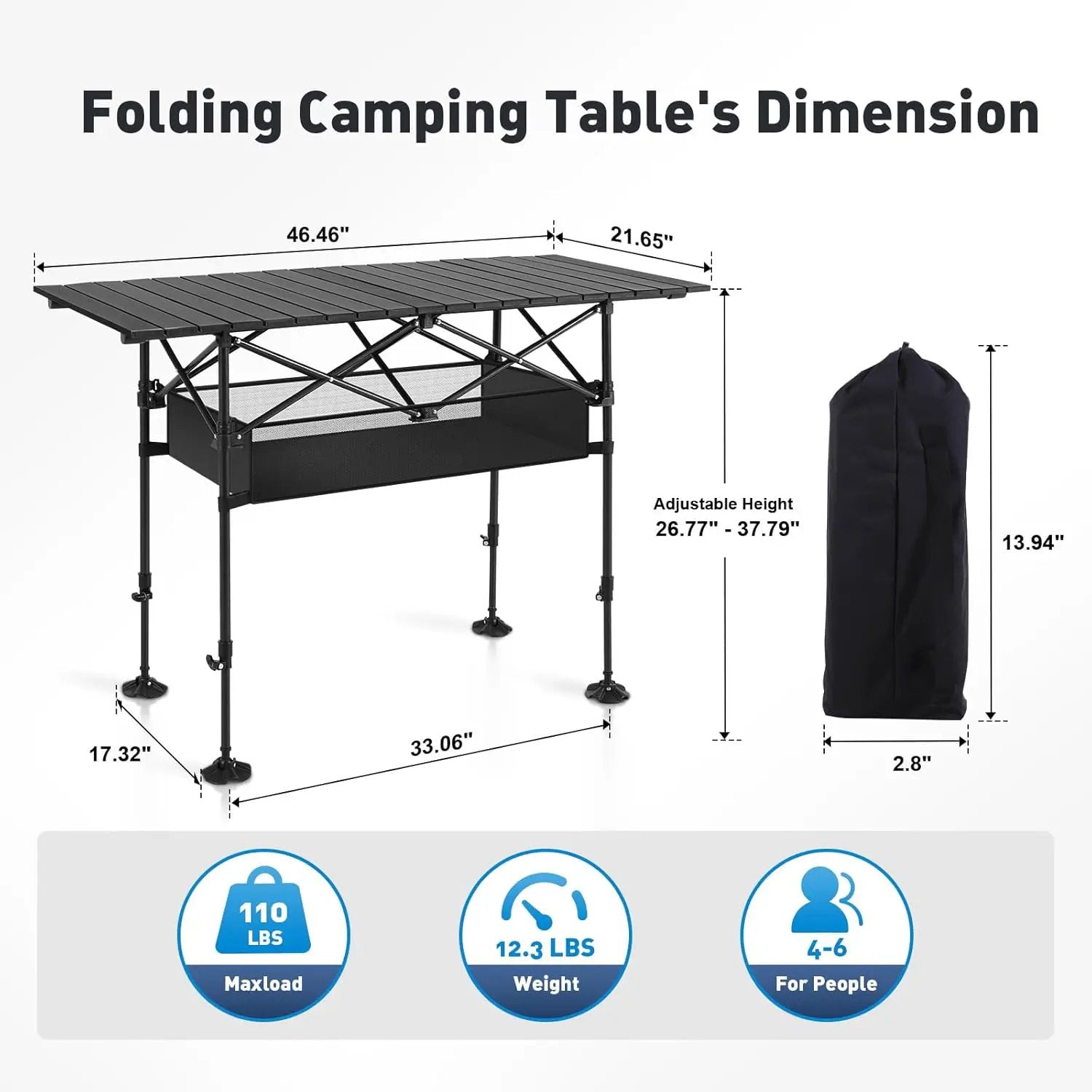 ALPHA CAMP Folding Camping Table, Portable Roll-up Table with Adjustable Height, Large Storage Bag and Carrying Bag, Tall Aluminum Table for Indoor & Outdoor Picnic BBQ Backyards Beach by GreenHaven Gardens